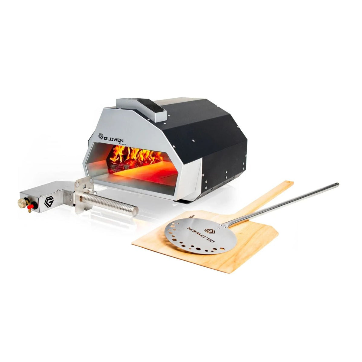 Glowen Raptor Black & Silver Multi-Fuel Pizza Oven - Gas Burner & Pizza Peel Bundle