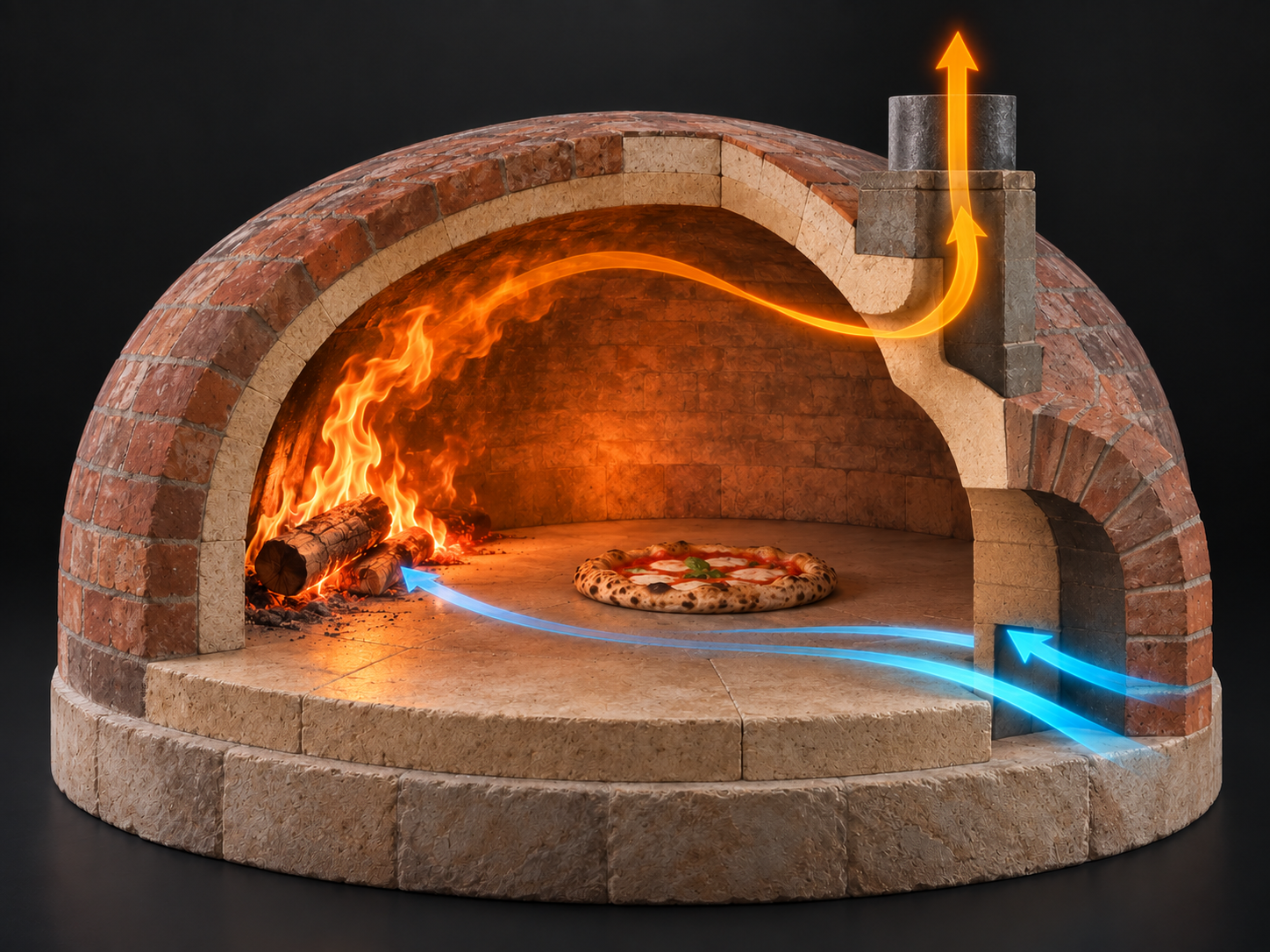 Hagyományos falazott pizzakemence elvi metszete. A fatűz bal oldalon, a pizza mellett található. Kék nyilak lépnek be a kemenceszáj alsó részén; narancssárga nyilak mutatják a forró gázok mozgását a boltozat alatt és távozását az elülső bejárat feletti nyíláson.